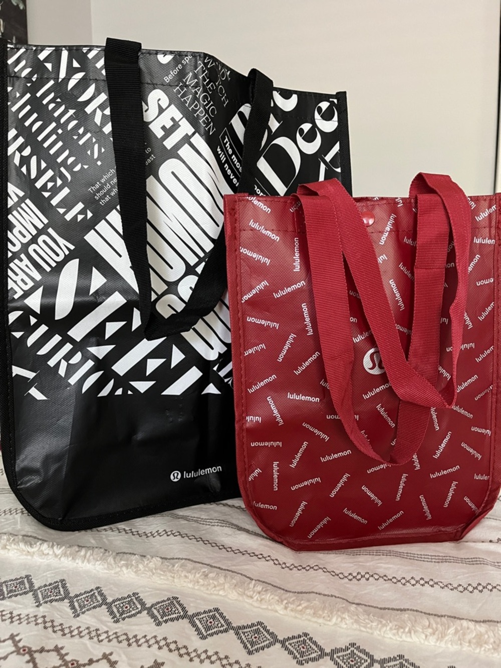 lululemon athletica Red and Black Logo Tote Bags